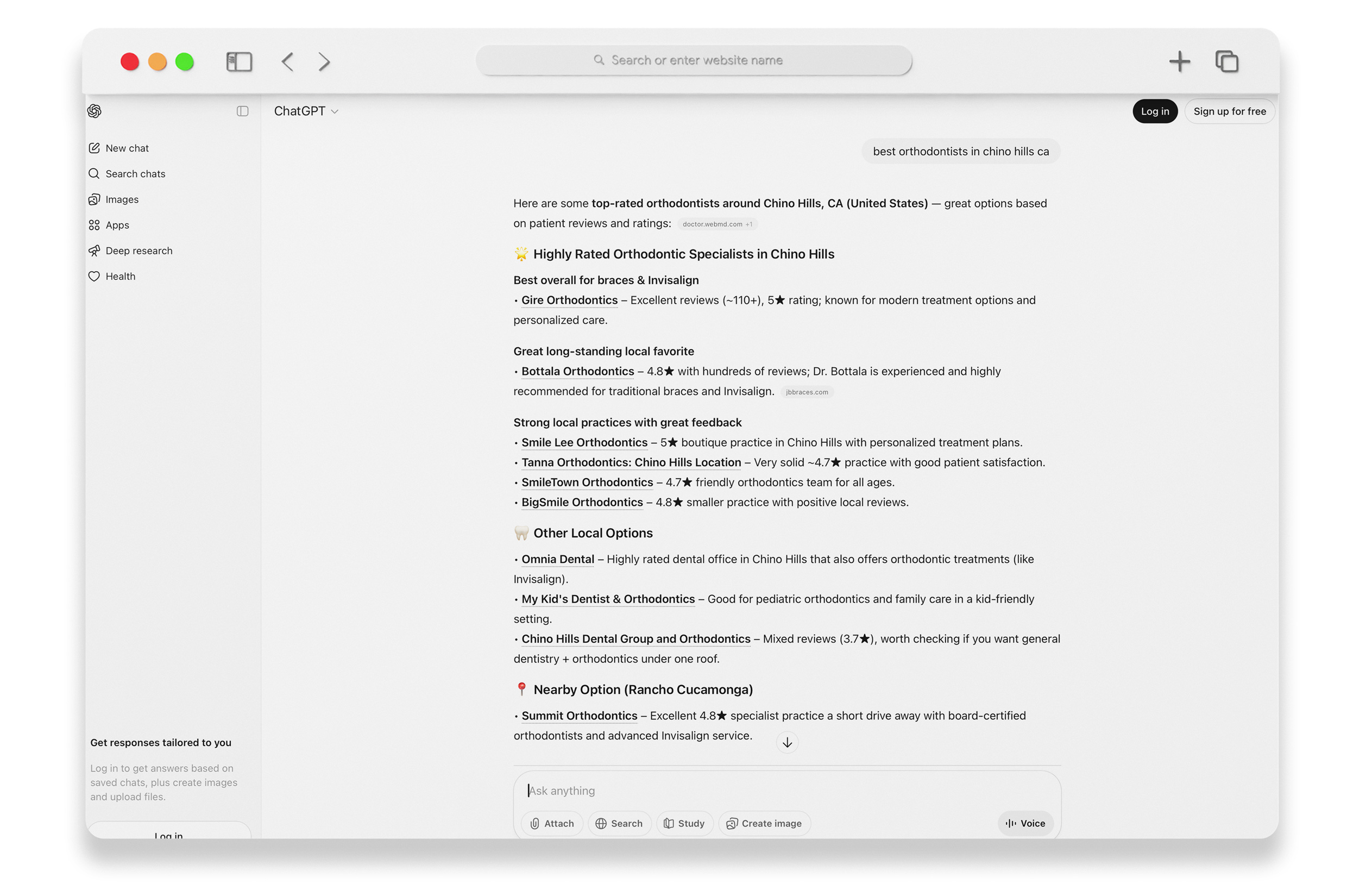 ChatGPT response for best orthodontists